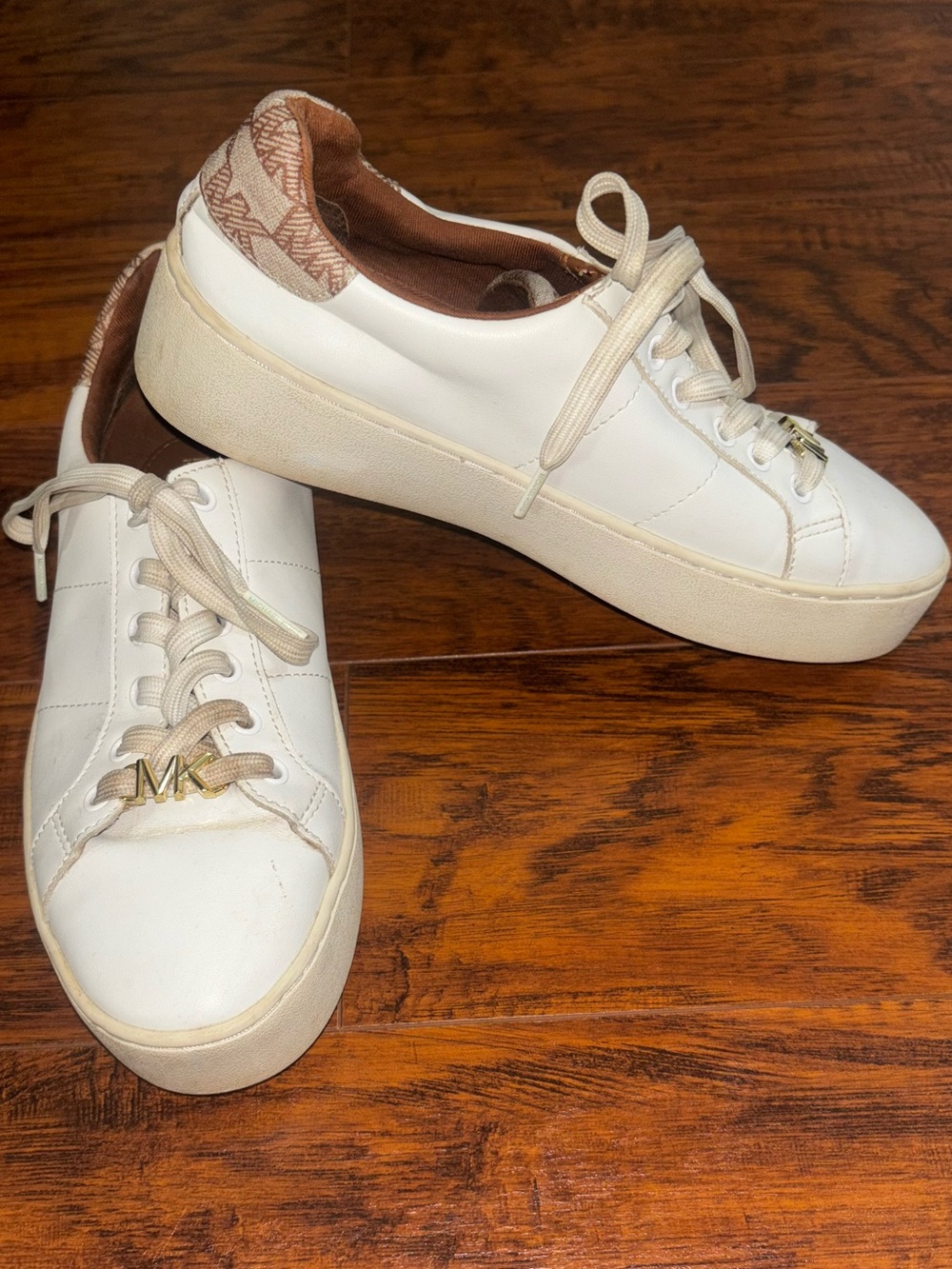 Michael Kors Poppy Leather Sneakers White Brown Platform Low Tops Gold MK Accent
